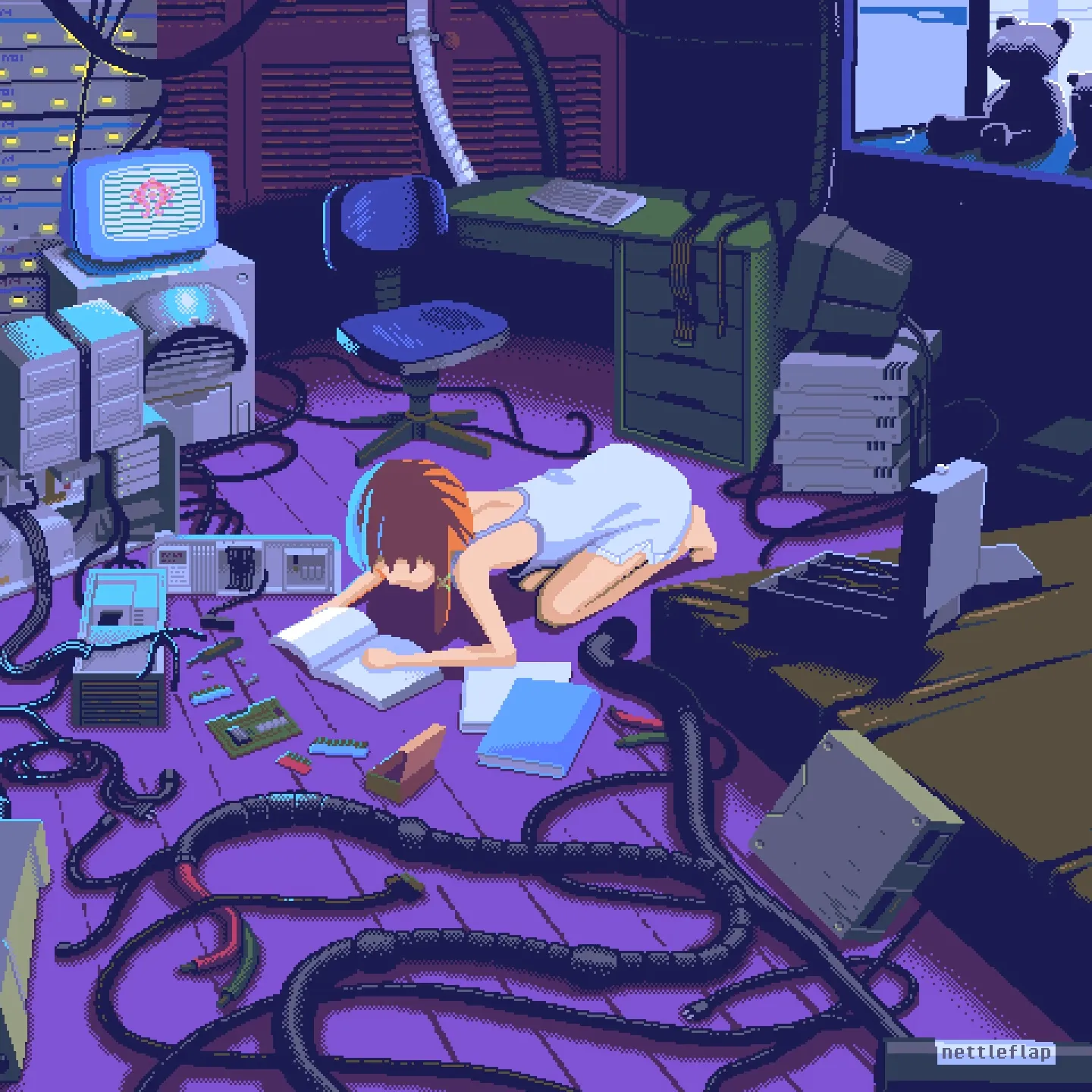 A person in a white dress kneels on the floor of a cluttered, tech-filled room, surrounded by cables, computers, and electronic parts, reading a book under dim lighting.