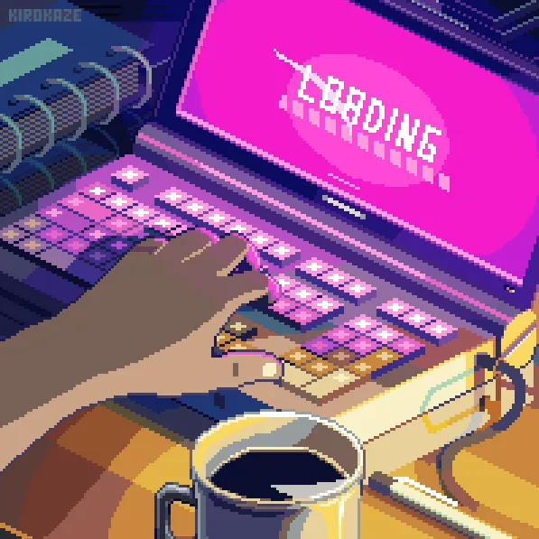 Pixel art of a hand using a laptop with a “LOADING” screen, a spiral notebook nearby, and a cup of black coffee in the foreground.