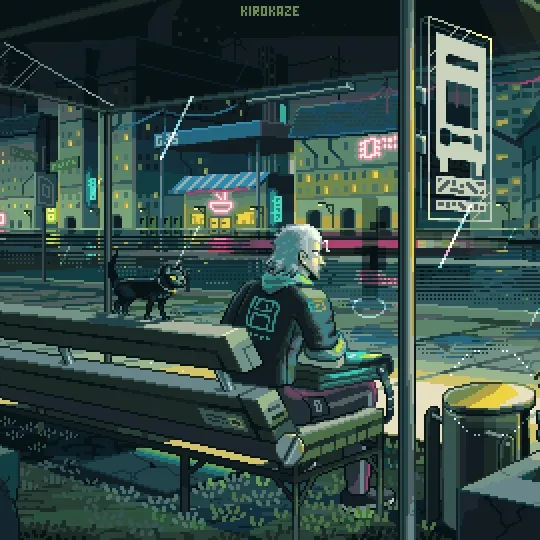 Pixel art of a person sitting on a bench at a bus stop in a futuristic city at night, with a black cat nearby and neon signs in the background.